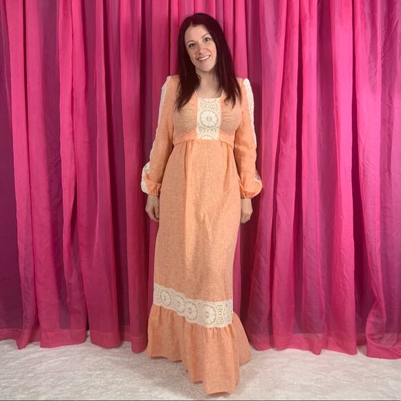 Vintage 70s does Victorian peach sherbet lace prairie maxi dress, 11 or small - Picture 1 of 11